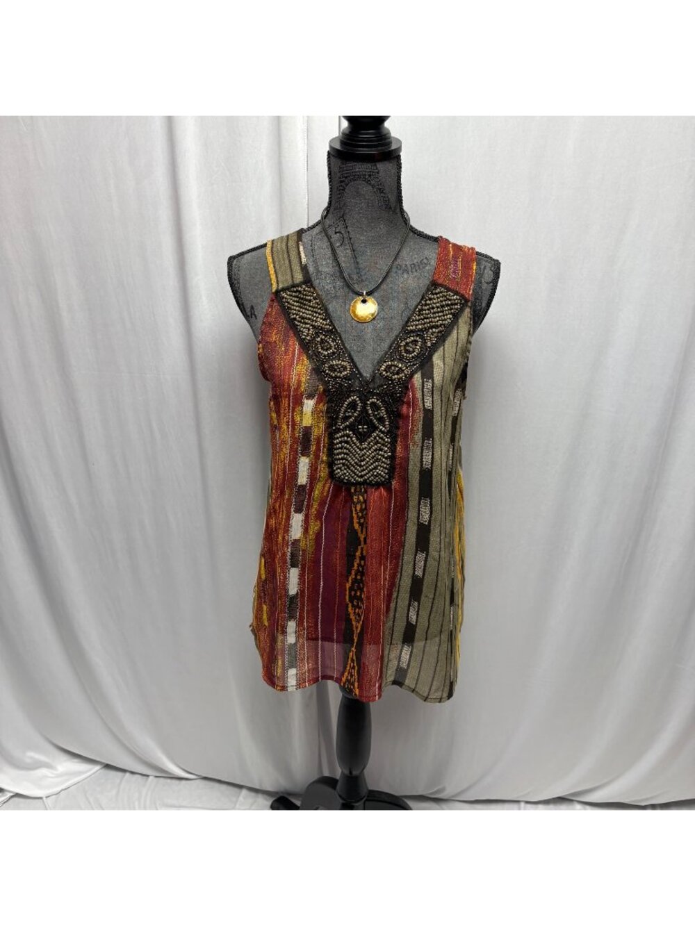 Maurices Boho Sleeveless Top Womens Sz Large Beaded V-Neck Multicolored Stripes